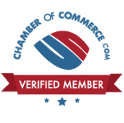 Chamber of Commerce verified member badge with red and blue design elements.